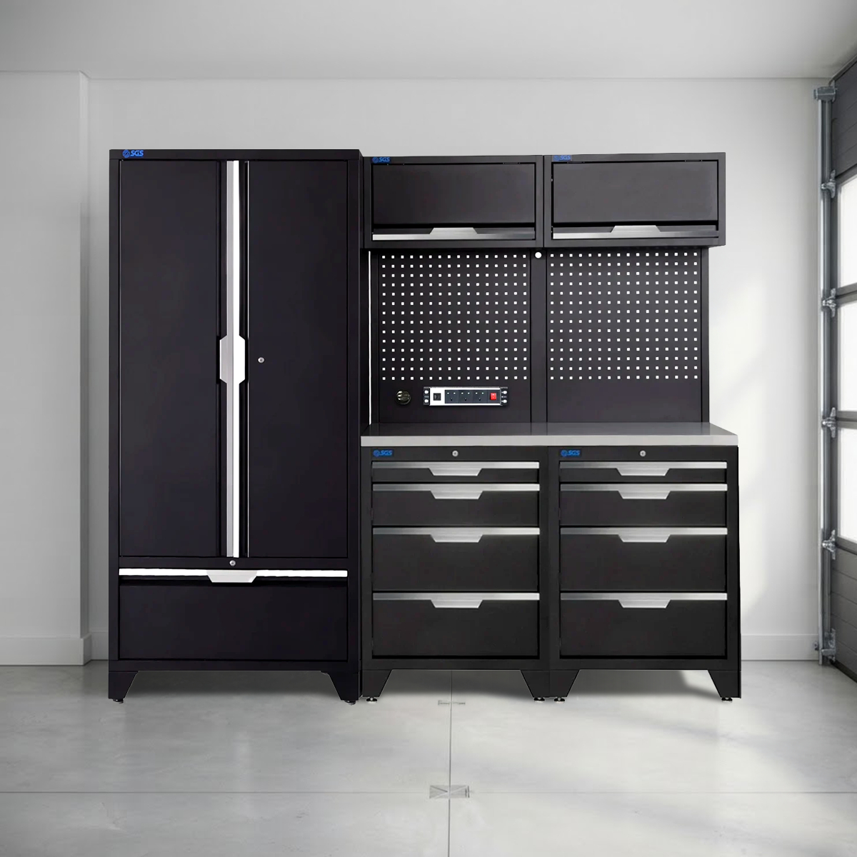 SGS 7pc Modular Garage Storage | 8 Drawers | Stainless Steel Worktop | 2x Upper Cabinets | Tall Double Cabinet with Drawer | Pegboard with Power Strip
